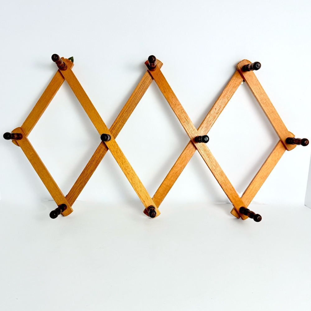 Vintage Accordion Wood Peg Rack 10 Pegs Wall Storage Organizer Coats Mugs 13"x3"
